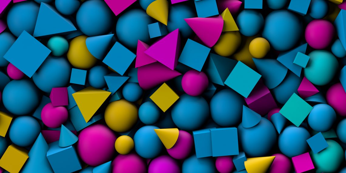 3d illustration texture with geometric shapes, cones, cubes and spheres