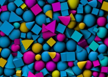 3d illustration texture with geometric shapes, cones, cubes and spheres