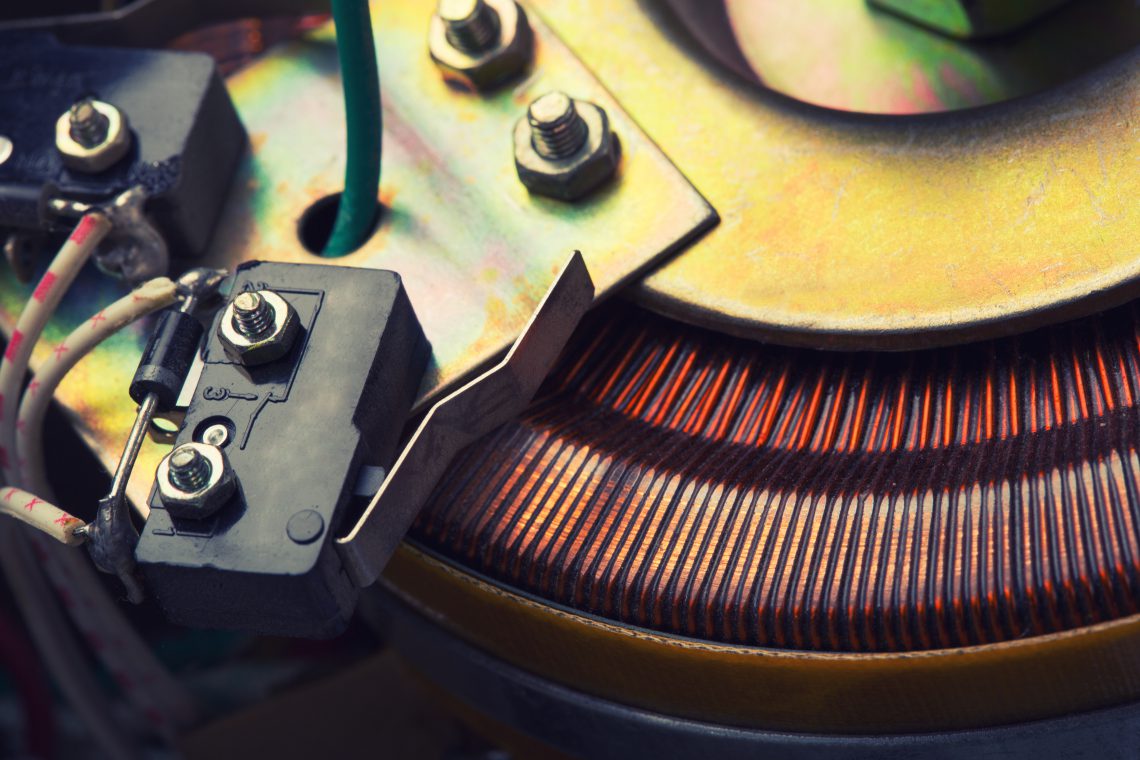 Closeup of copper inductor in electrical transformer