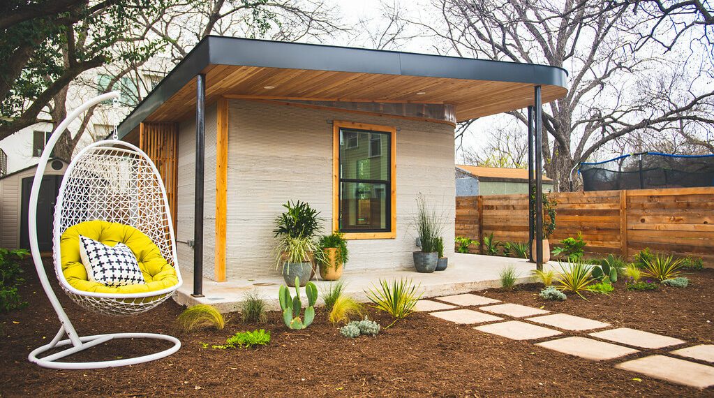 Back yard of the 3D printed house located in Austin Texas.