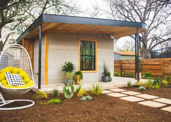 Back yard of the 3D printed house located in Austin Texas.