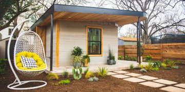 Back yard of the 3D printed house located in Austin Texas.