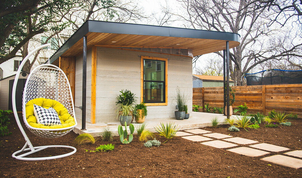 Back yard of the 3D printed house located in Austin Texas.